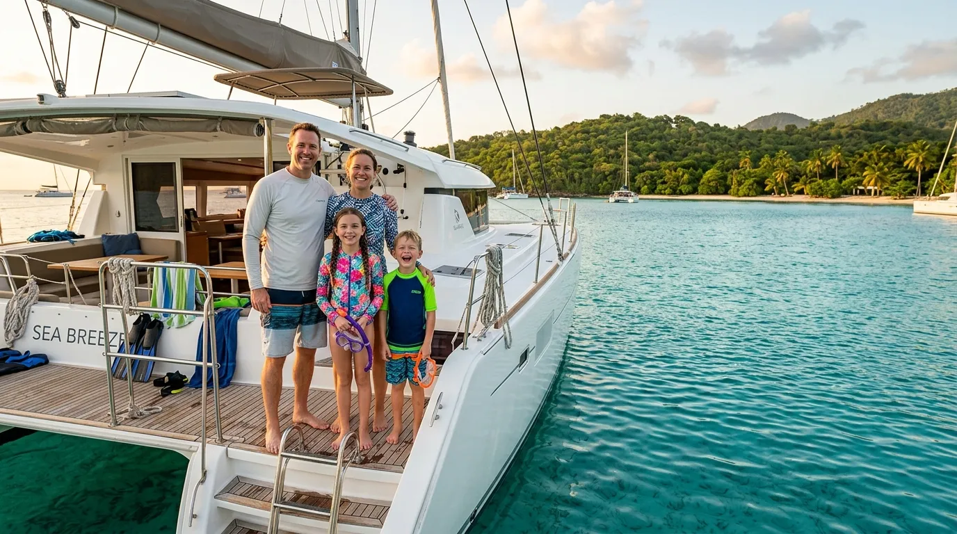 Kids snorkeling off a charter yacht in turquoise Caribbean waters