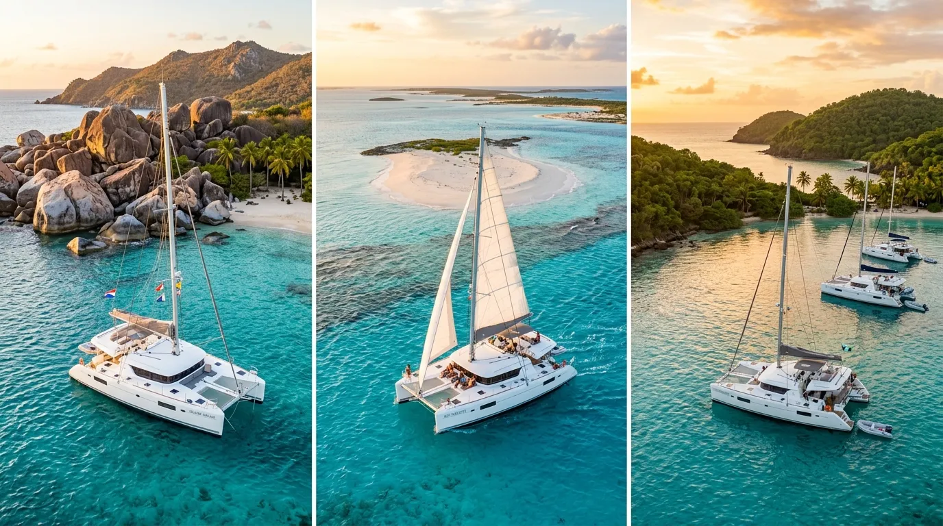 Caribbean charter cost by destination comparison showing BVI Bahamas and Grenadines catamarans