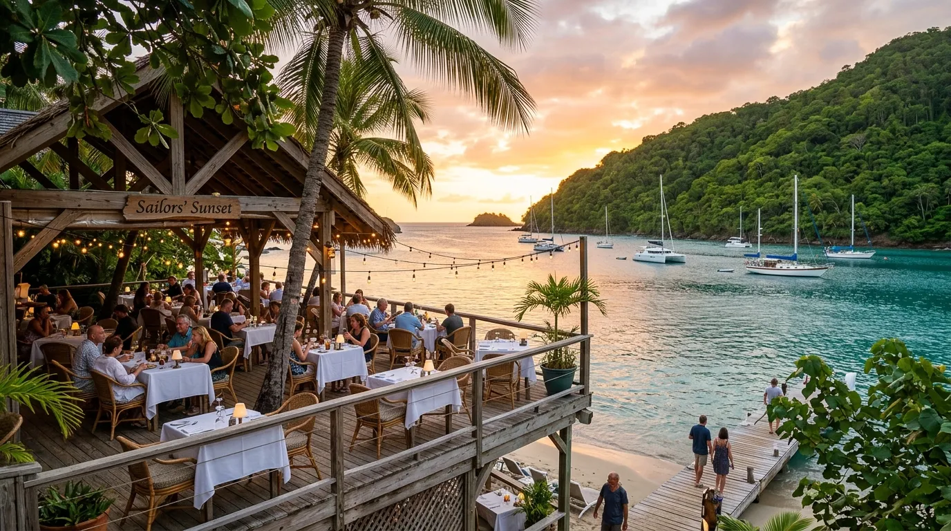 Outdoor Caribbean restaurant at sunset with yachts anchored in a BVI bay