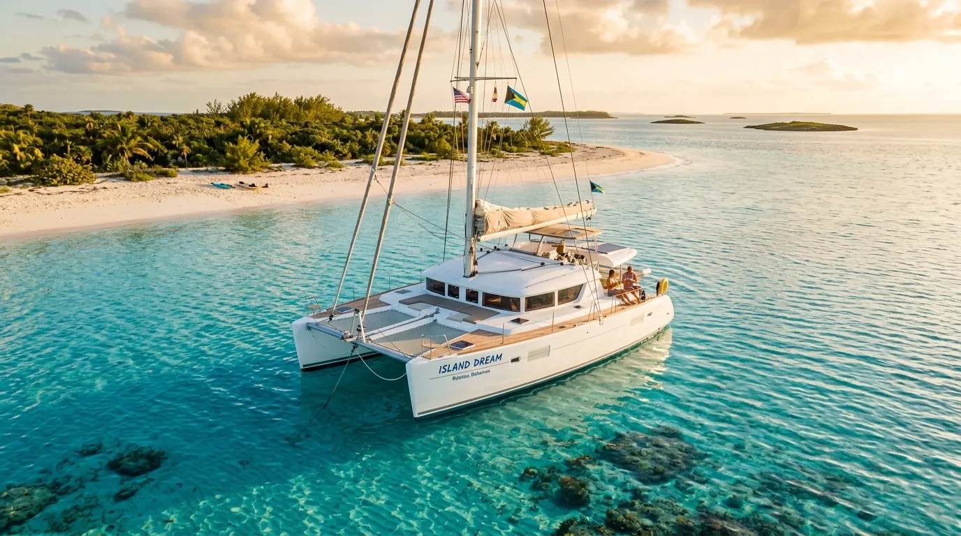 Bahamas yacht charter catamaran anchored in turquoise Exumas waters at golden hour