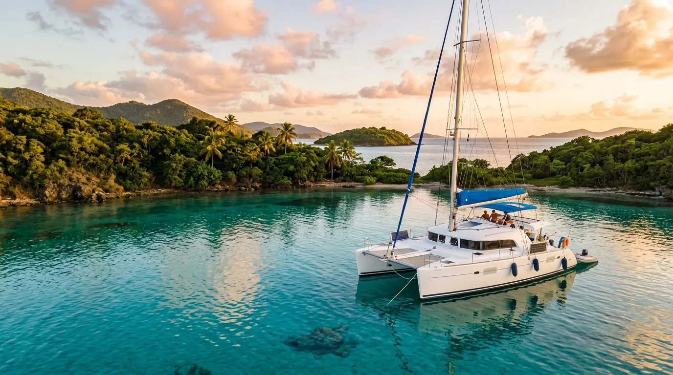 Crewed catamaran anchored in turquoise Grenadines bay at golden hour