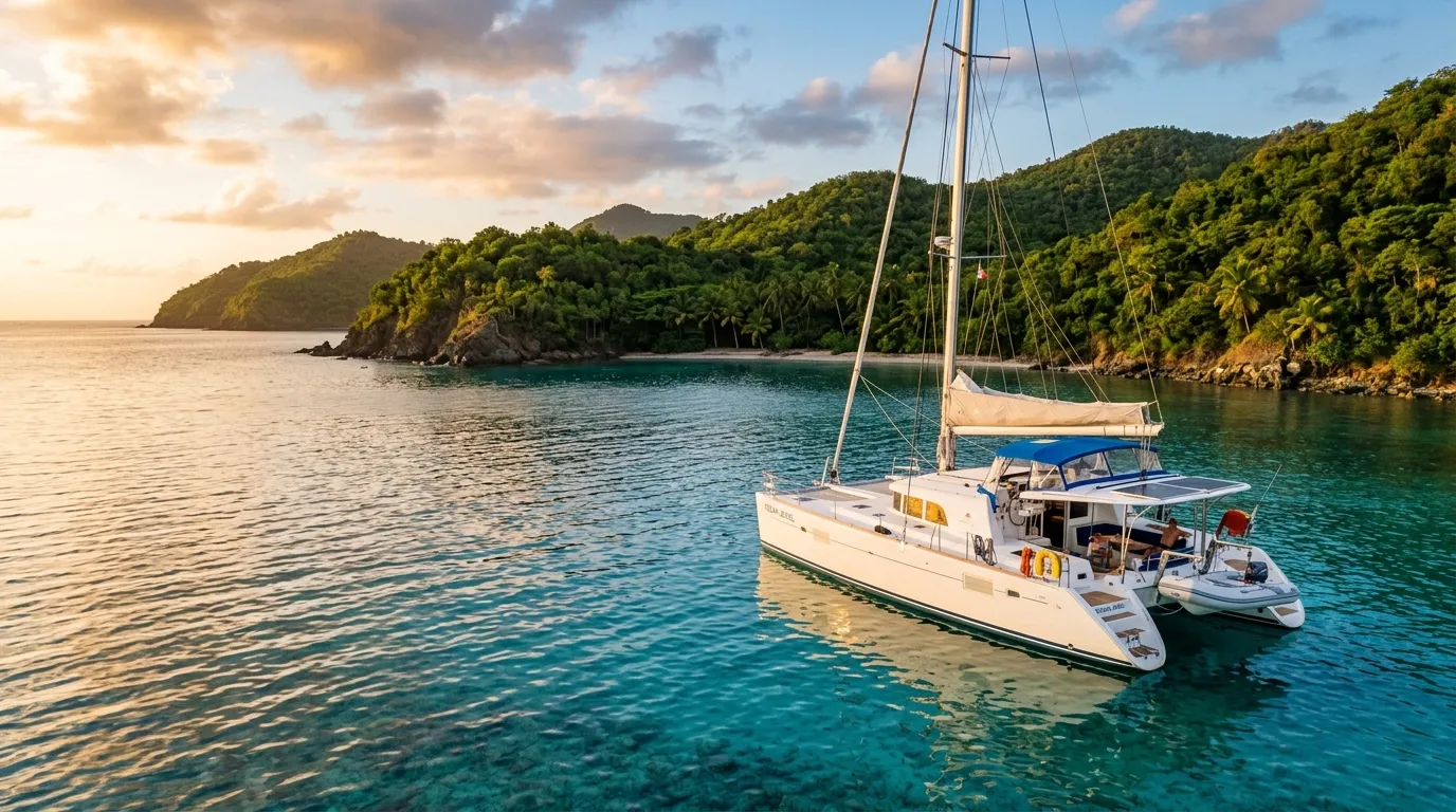 Luxury catamaran anchored in turquoise Caribbean bay during the best time to charter a yacht
