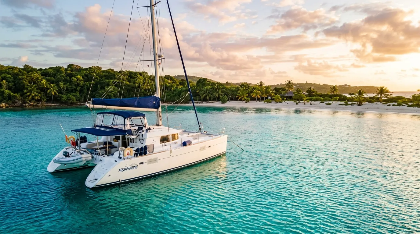 Catamaran named Aquamarine anchored in turquoise water near a tropical beach with palm trees at sunset.