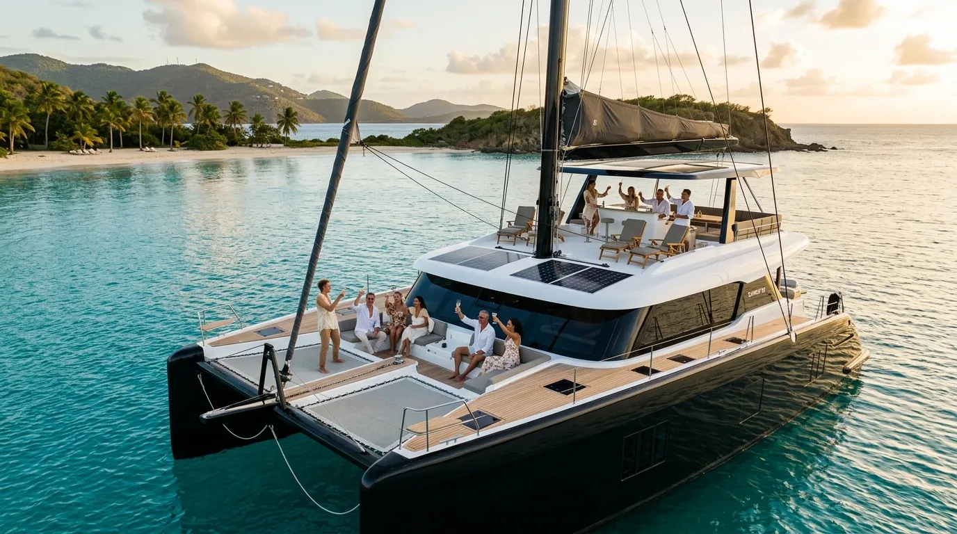 Group of friends celebrating on a luxury Sunreef catamaran during a Caribbean group yacht charter
