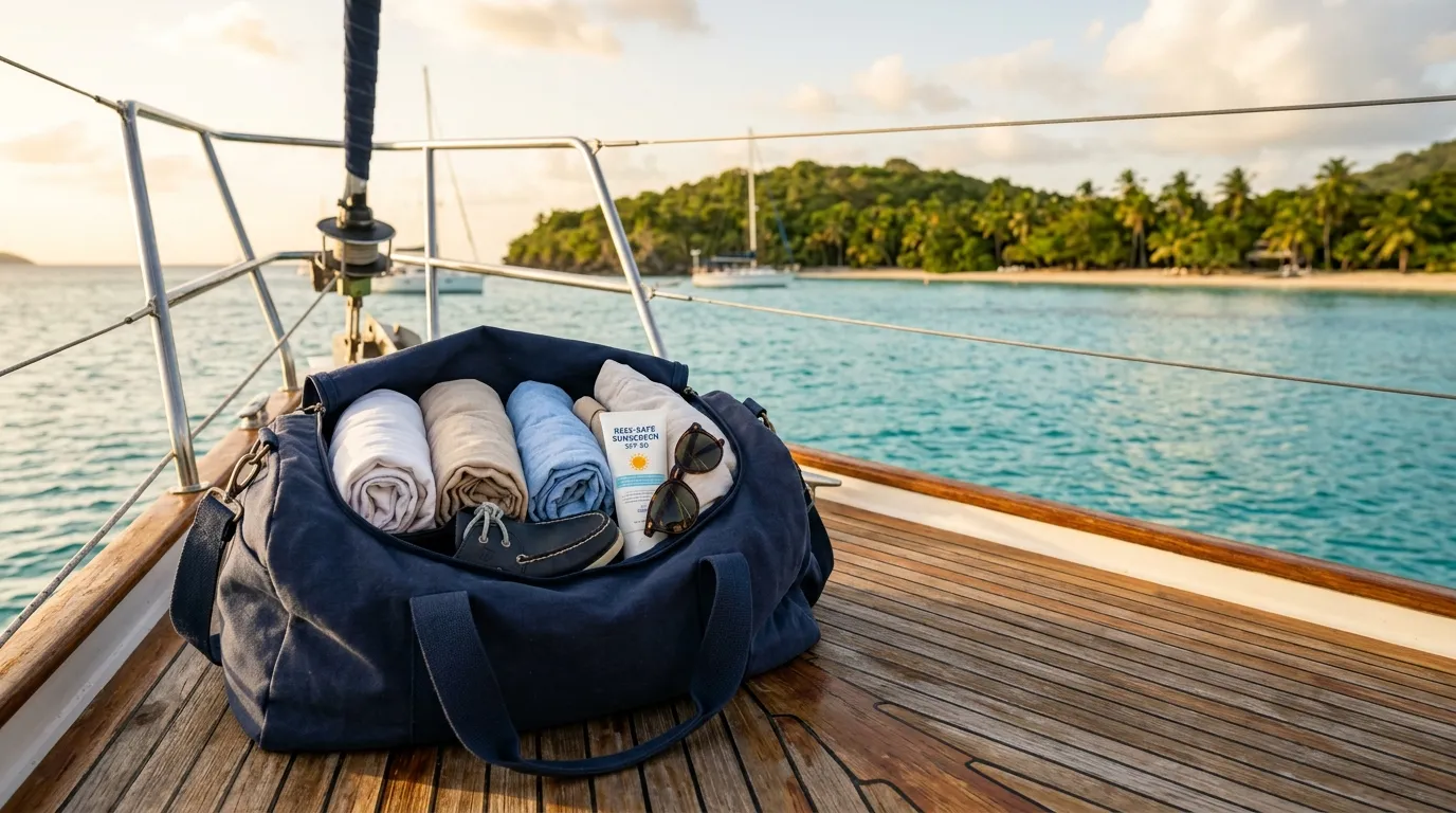Packed duffel bag with rolled clothes and sunscreen on a yacht deck in the Caribbean