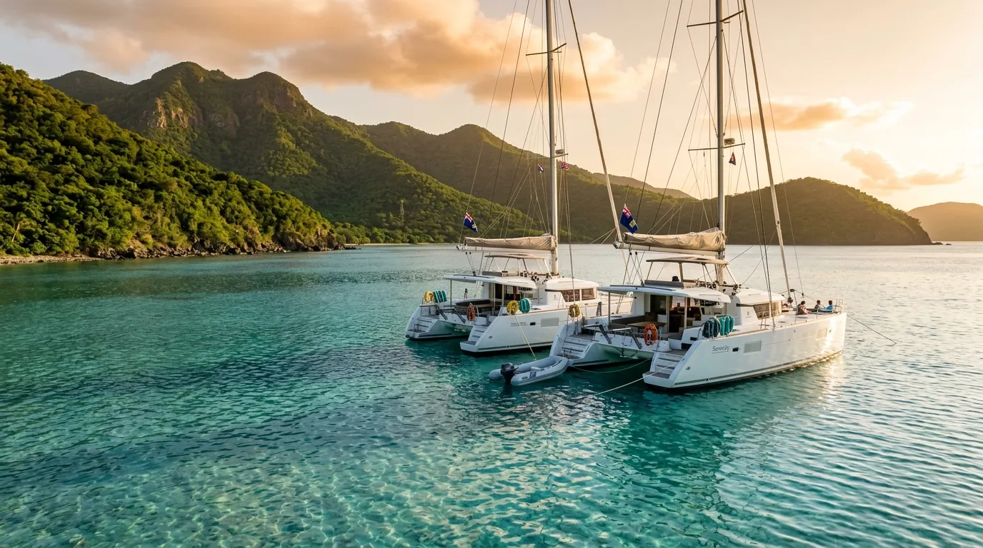 Two catamarans on a BVI tandem charter anchored side by side in a turquoise bay