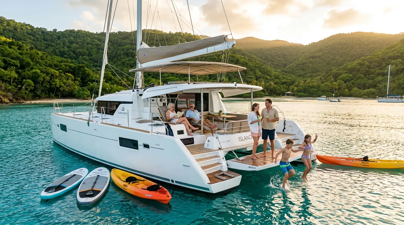 Multi-generational family on a luxury catamaran in the Caribbean with paddleboards and kayaks at golden hour