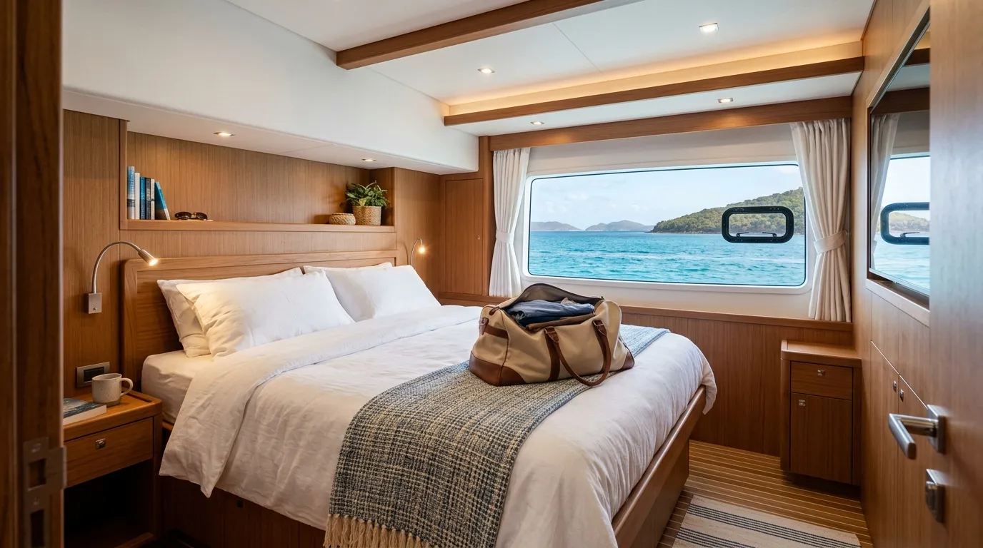 Luxury catamaran cabin interior with queen bed and ocean views through hull window