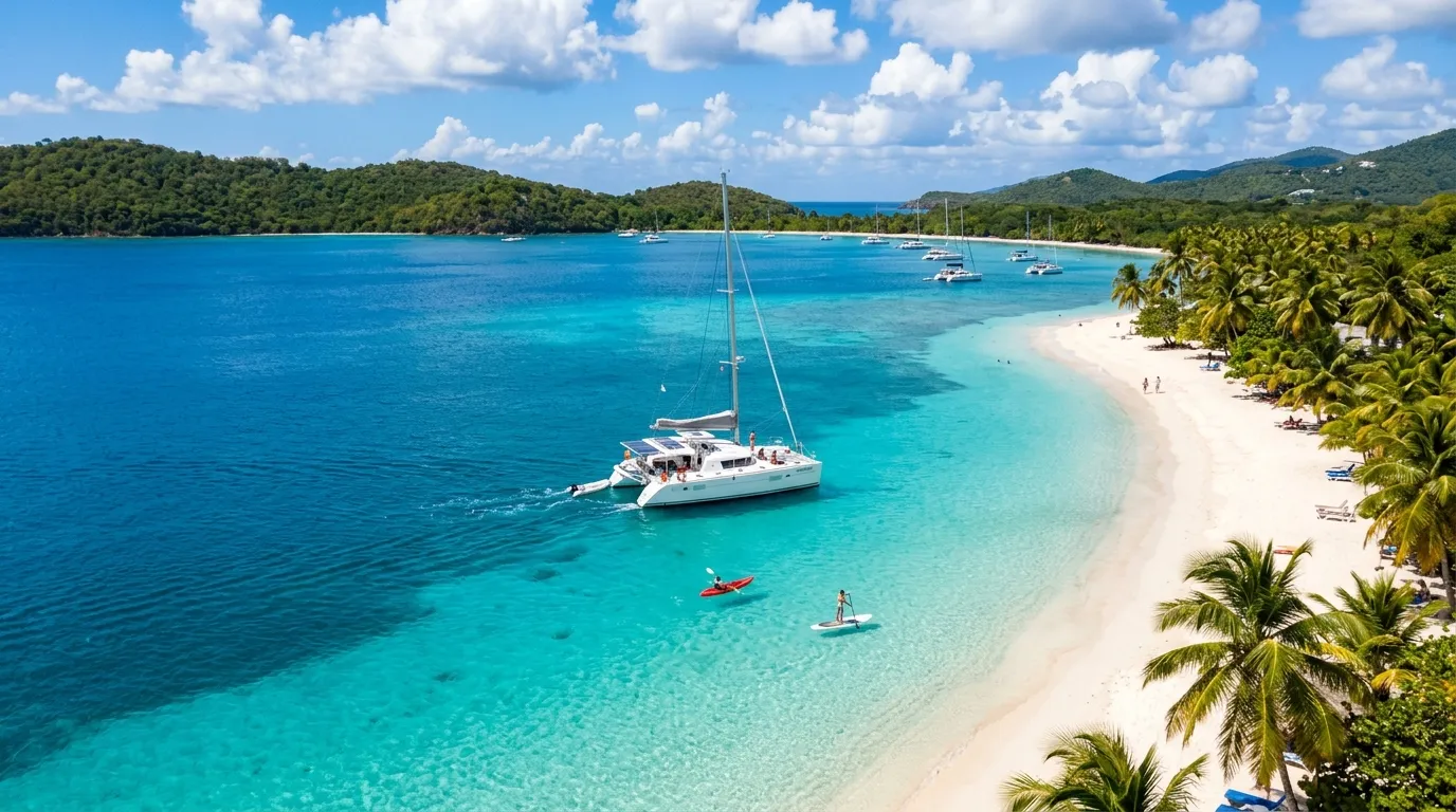 Aerial view of charter catamaran near white sand Caribbean beach with kayak and paddleboard