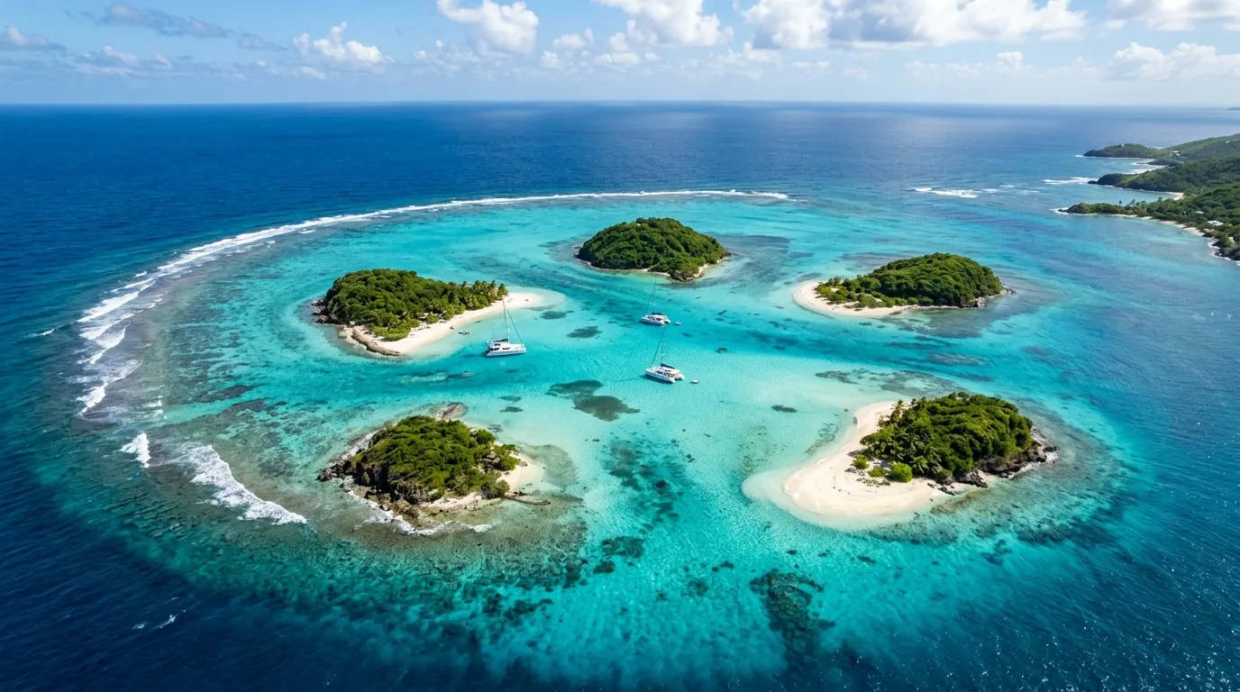 Aerial view of Tobago Cays Marine Park uninhabited islands and reef