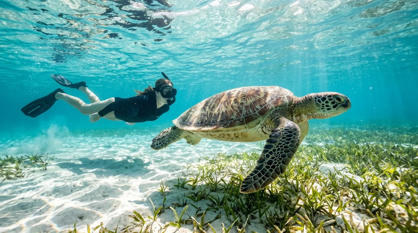 Snorkeler swimming with green sea turtle at Tobago Cays Grenadines