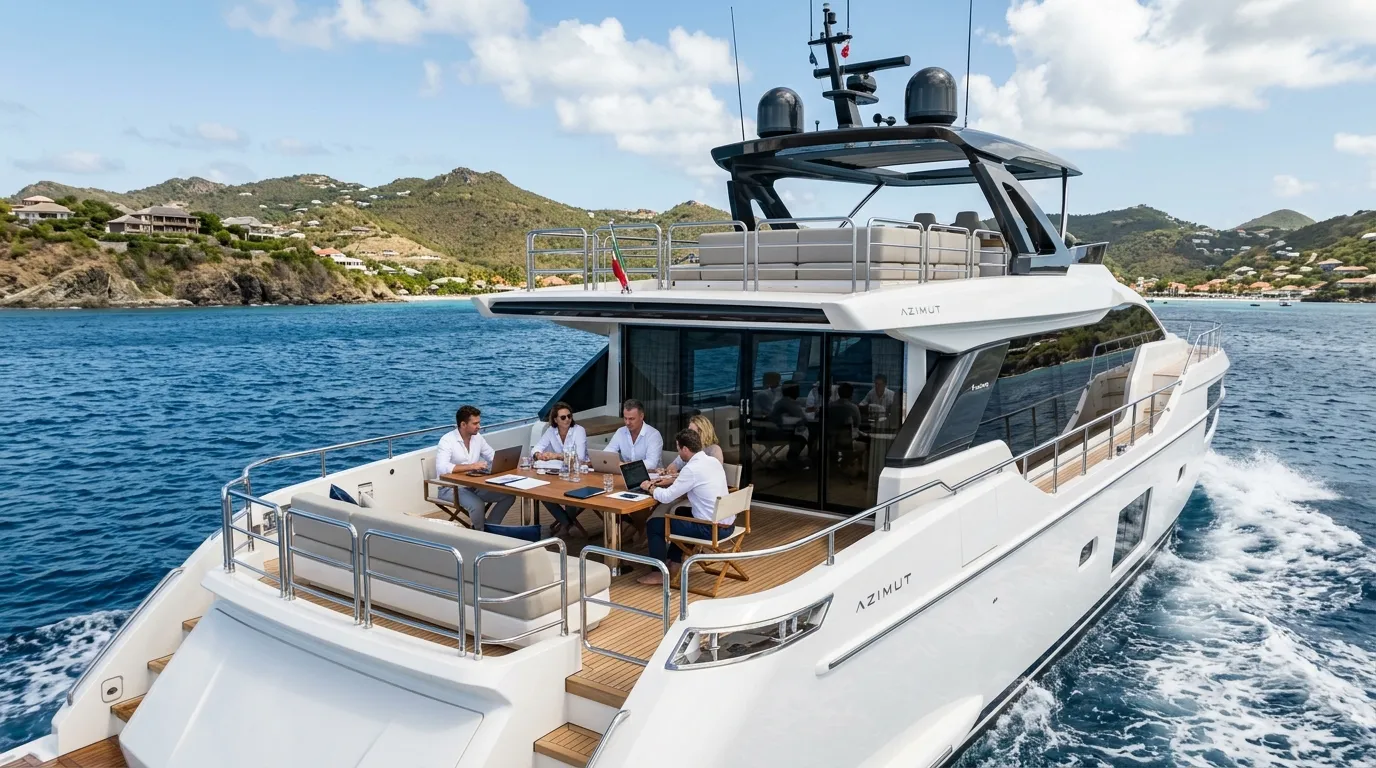 Executives meeting on the deck of an Azimut motor yacht during a corporate yacht charter