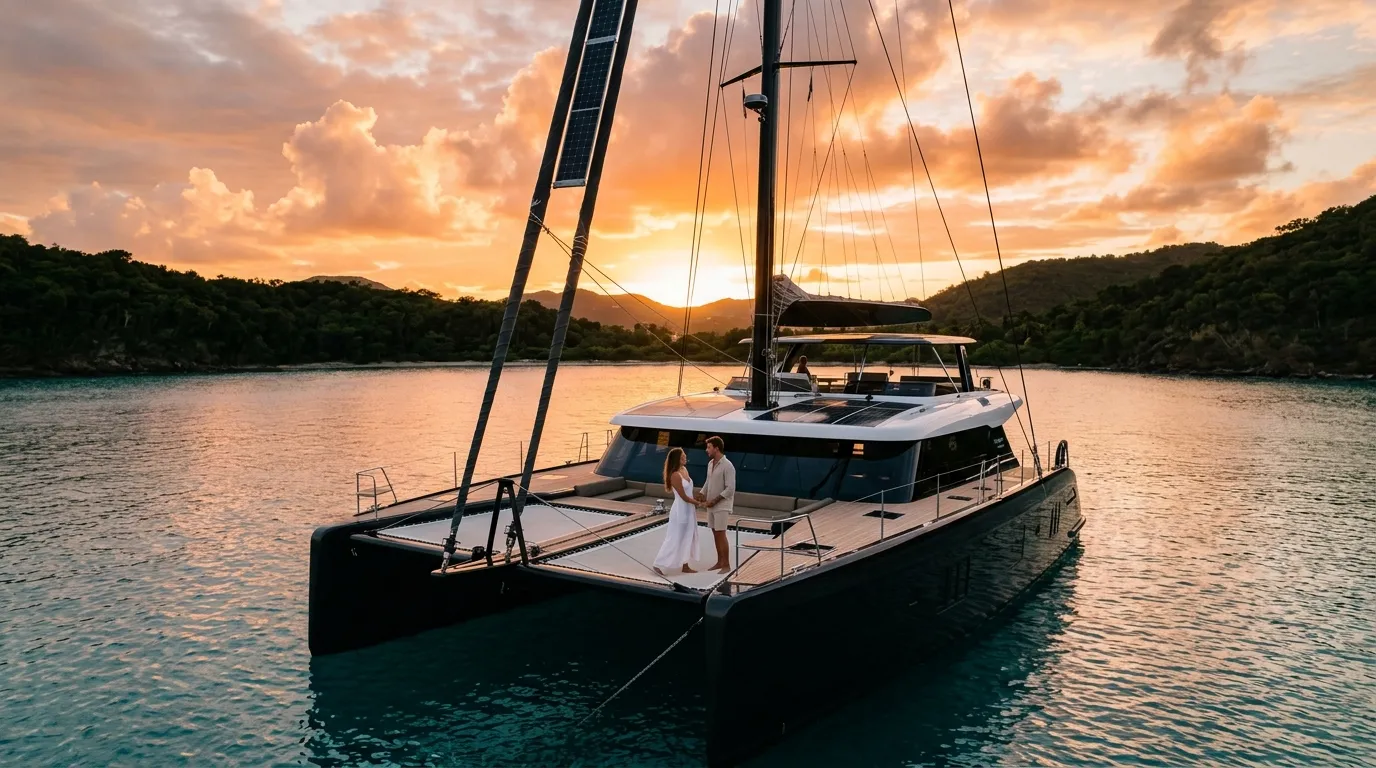 Couple on the bow of a Sunreef catamaran at sunset during a Caribbean honeymoon yacht charter