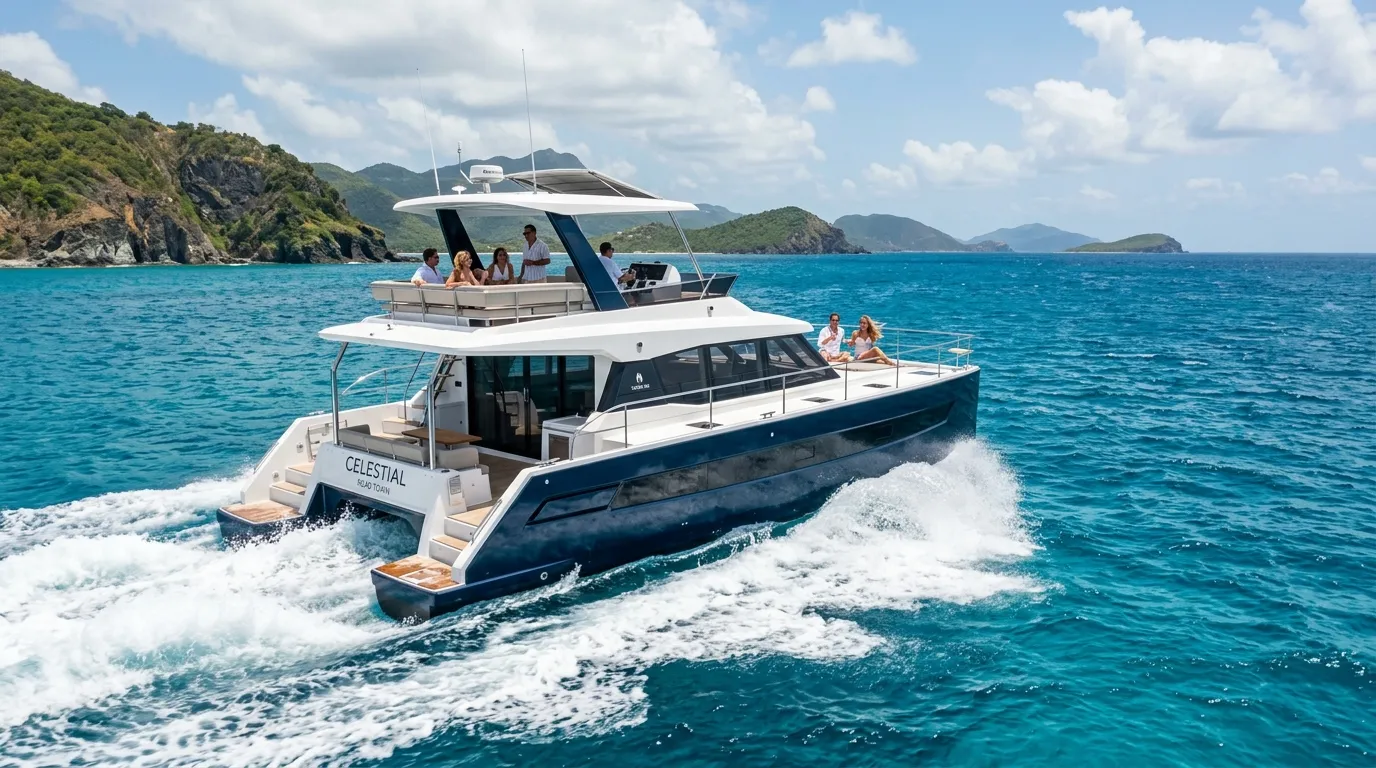 Moon power catamaran cruising the British Virgin Islands at speed for a special event yacht charter