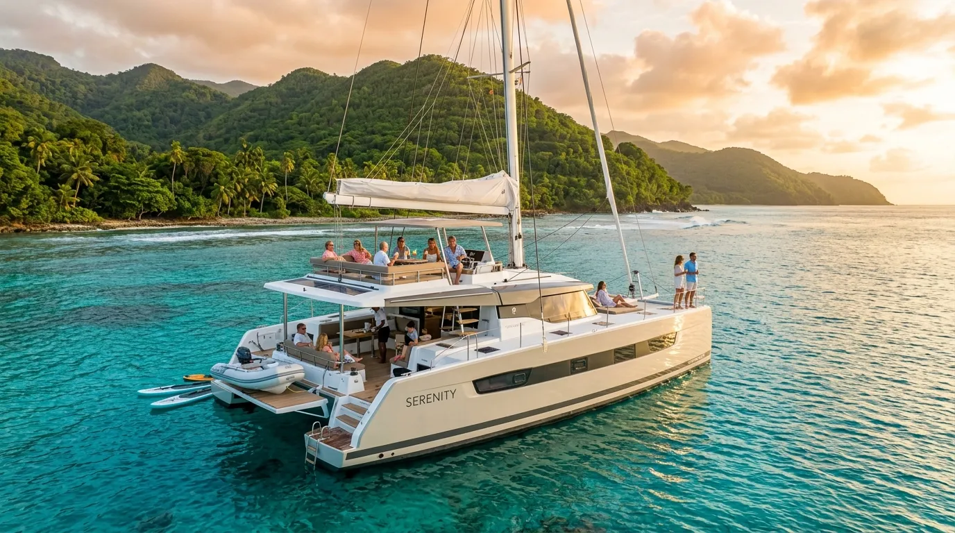 Luxury crewed catamaran anchored in turquoise Caribbean waters at golden hour — yacht charter costs guide 2026