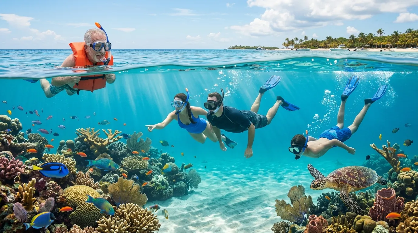 Extended family snorkeling together over a Caribbean coral reef with grandfather in life vest and teenage boy diving toward sea turtle