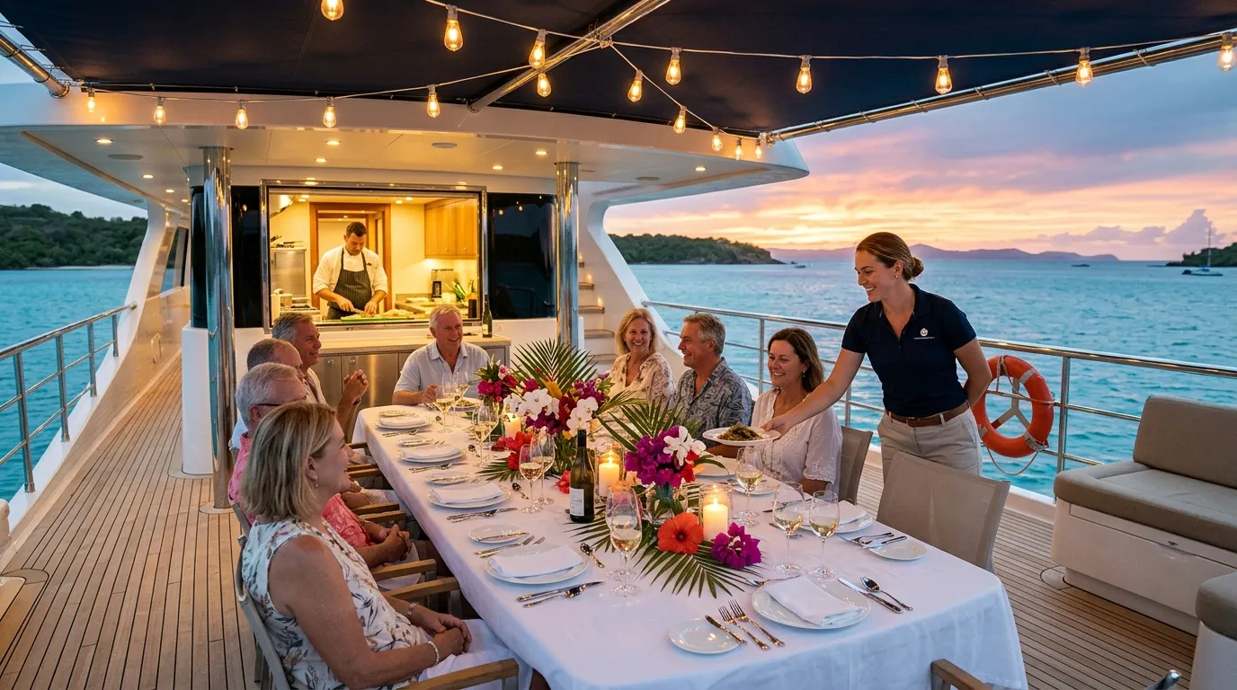 Family reunion dinner on a luxury yacht aft deck at sunset with private chef and stewardess serving
