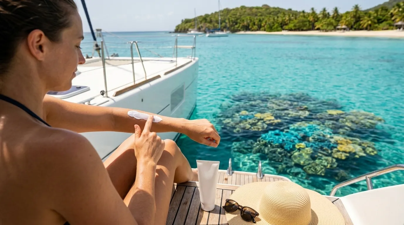 Woman applying reef-safe sunscreen on a catamaran near a coral reef