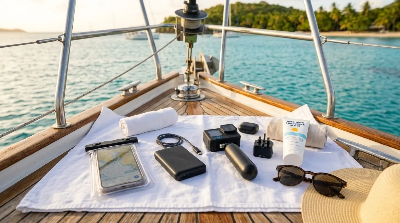 Essential yacht charter tech gear including waterproof phone case and portable charger on deck