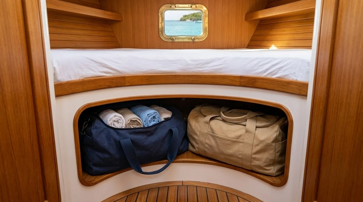 Soft duffel bags stored under a yacht cabin berth showing curved hull storage