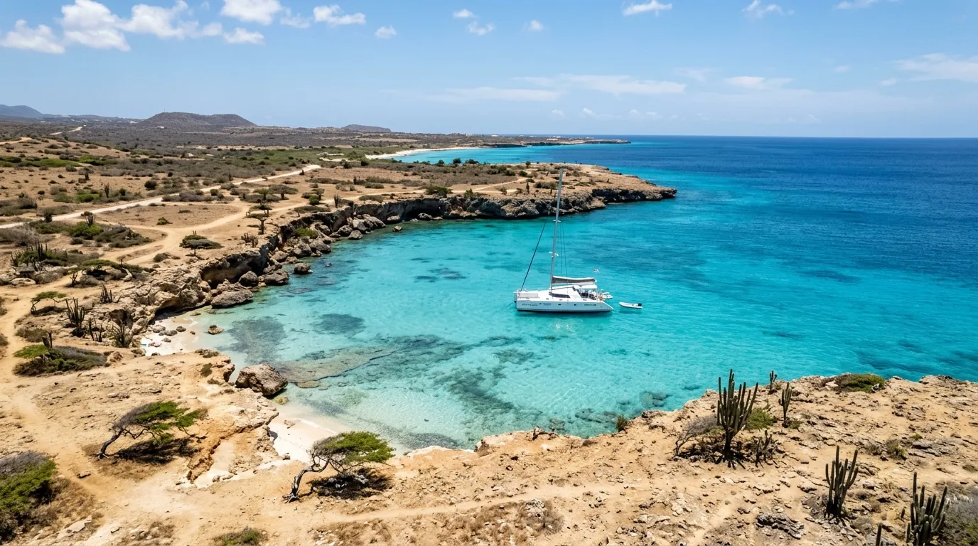 Aerial view of Aruba coastline showing dry arid landscape safe from hurricanes