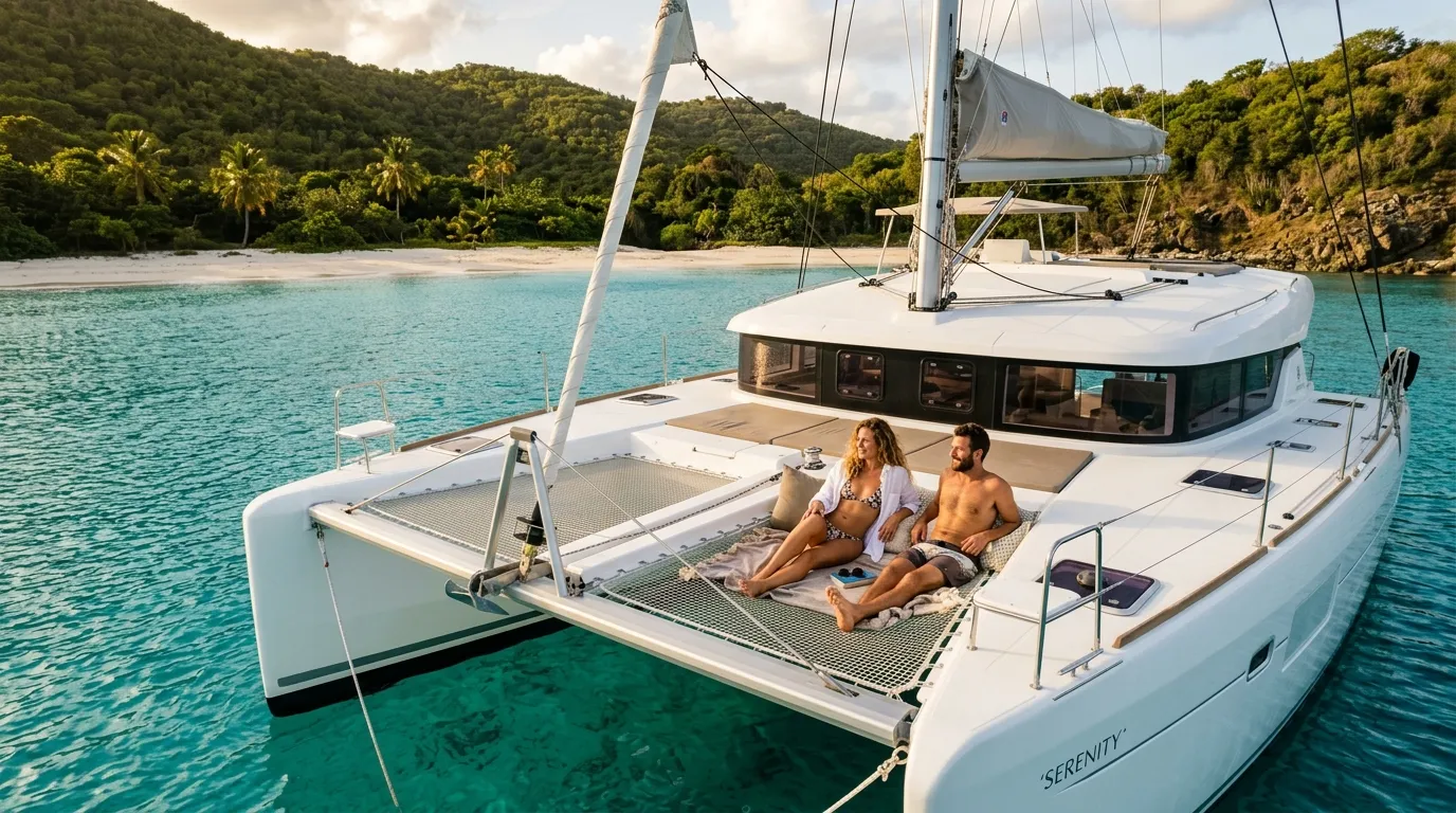 Couple relaxing on catamaran bow in secluded Caribbean bay during off-season