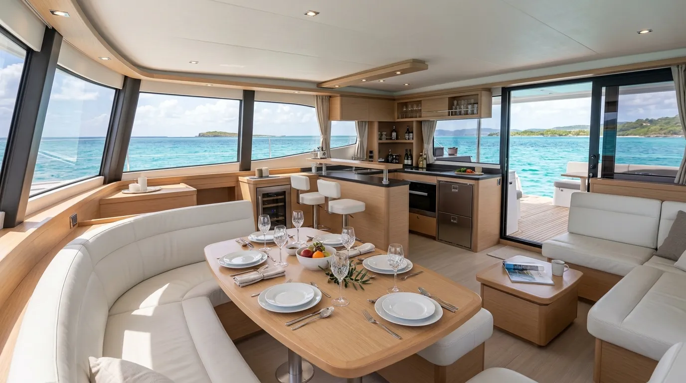 Charter catamaran interior salon with dining table and panoramic ocean views