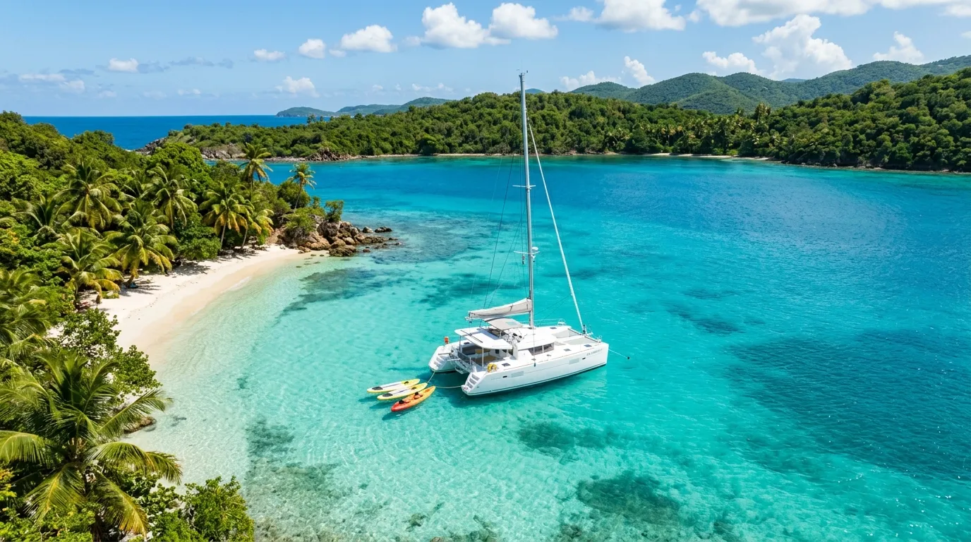 Aerial view of catamaran anchored near white sand beach with water toys
