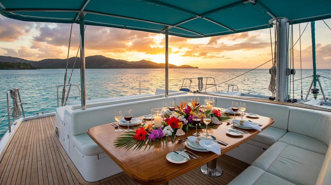 Sunset dinner setup on catamaran aft deck in the Caribbean