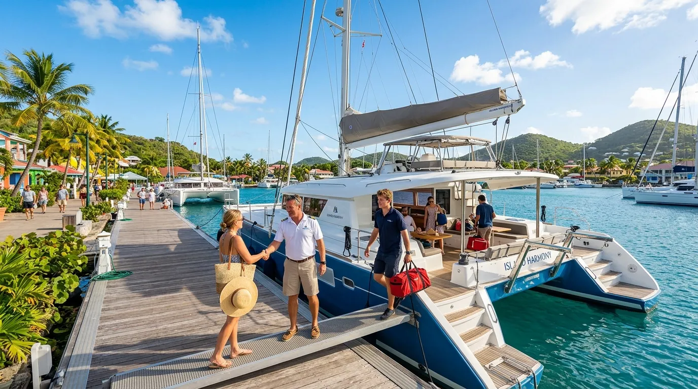 Guests boarding a crewed catamaran at a Caribbean marina on embarkation day
