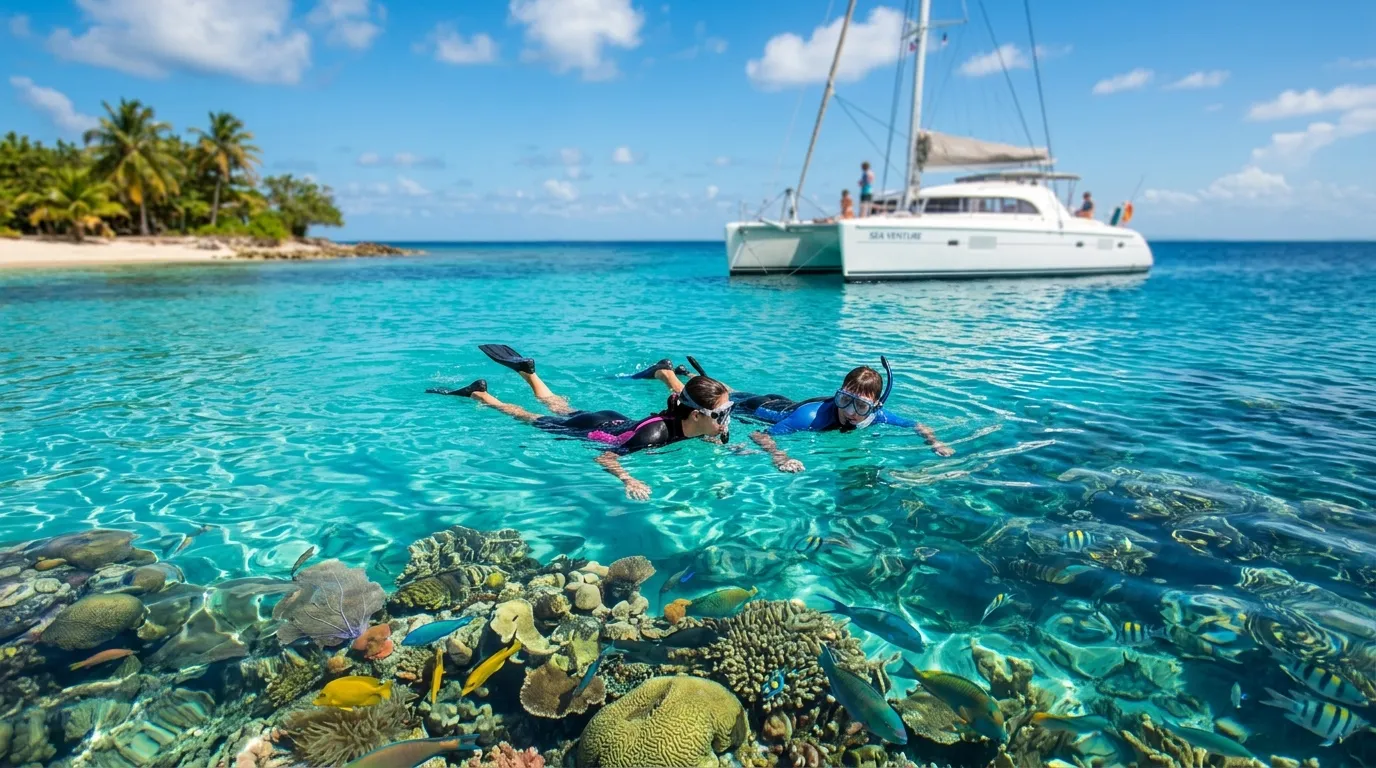 Snorkeling near coral reef with charter catamaran anchored in background