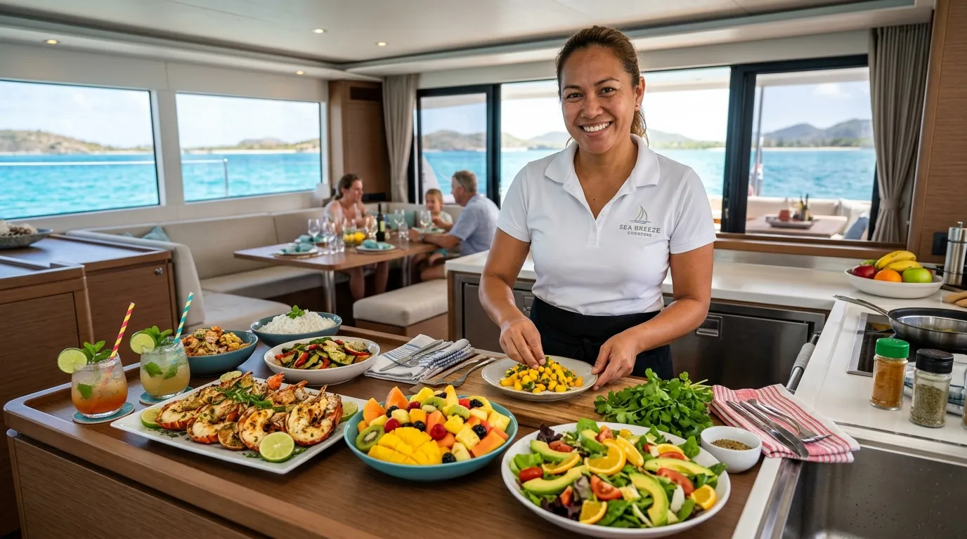 Yacht crew chef preparing Caribbean lunch spread aboard a crewed catamaran