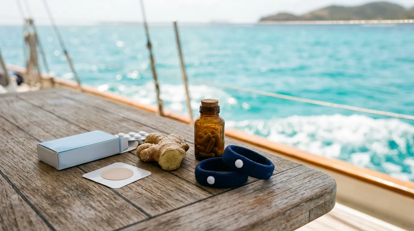 Seasickness prevention remedies on a yacht deck including medication ginger and acupressure bands