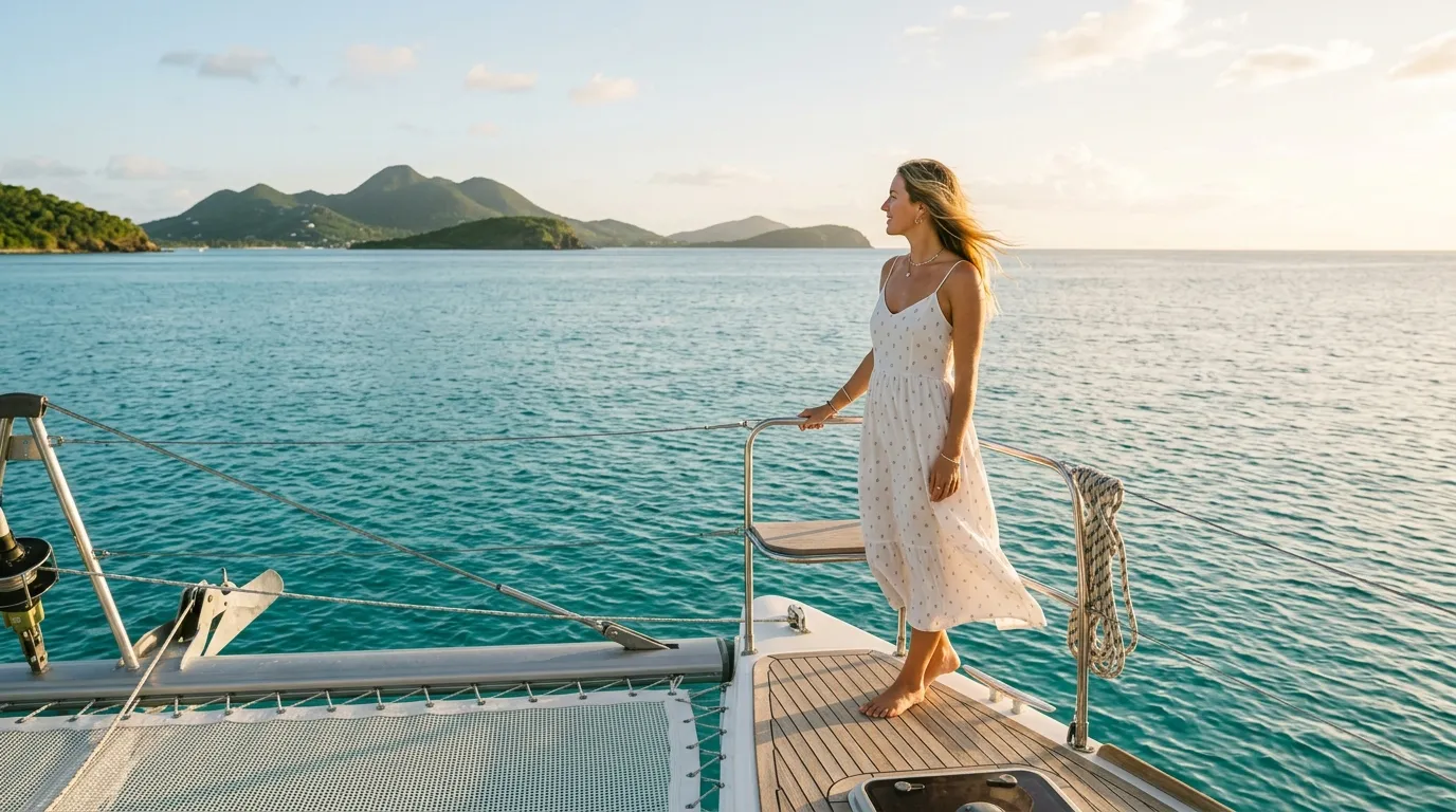 Woman watching the horizon from a stable catamaran deck to prevent yacht charter seasickness