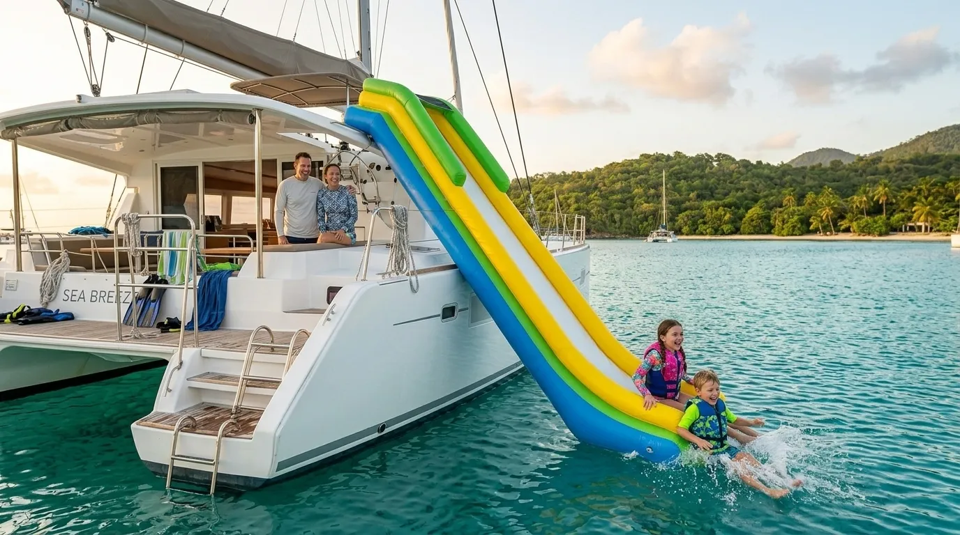 Children on an inflatable water slide attached to a charter catamaran in the Caribbean