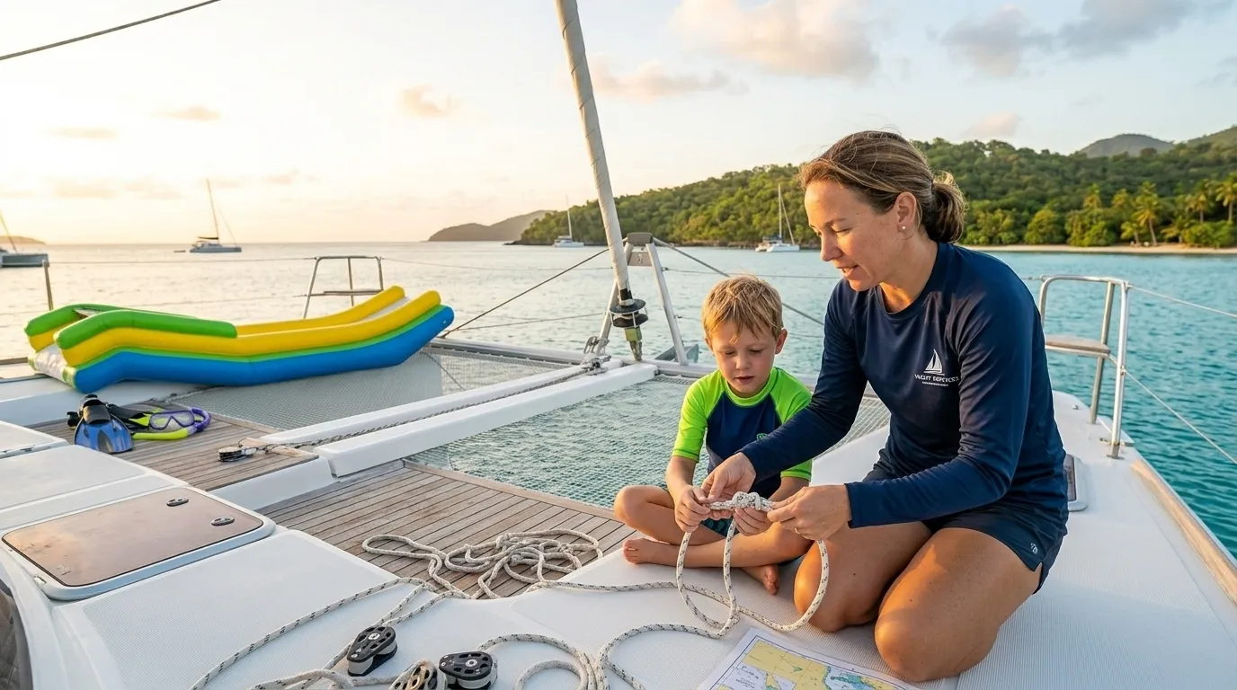 Crew member teaching a child knot-tying on a charter yacht deck