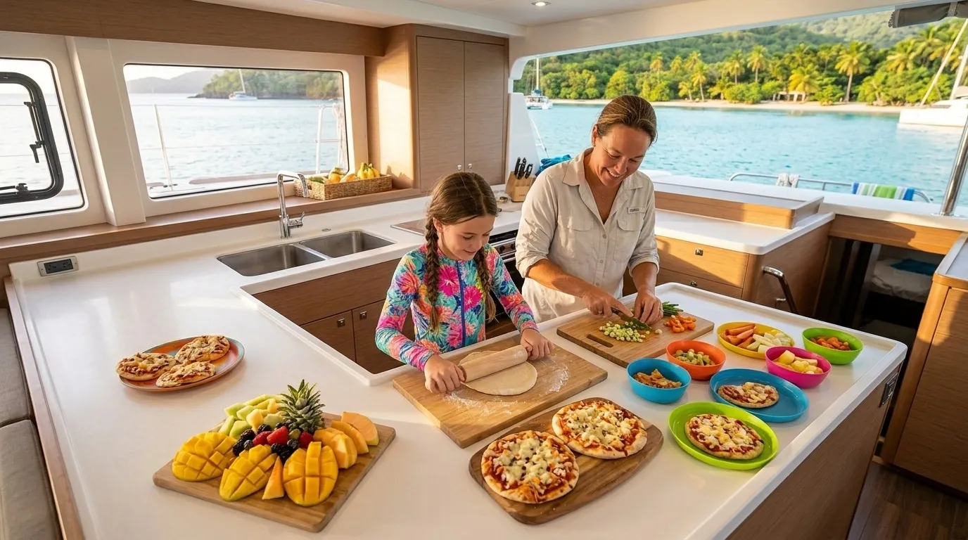 Girl making pizza with the chef in a charter yacht galley
