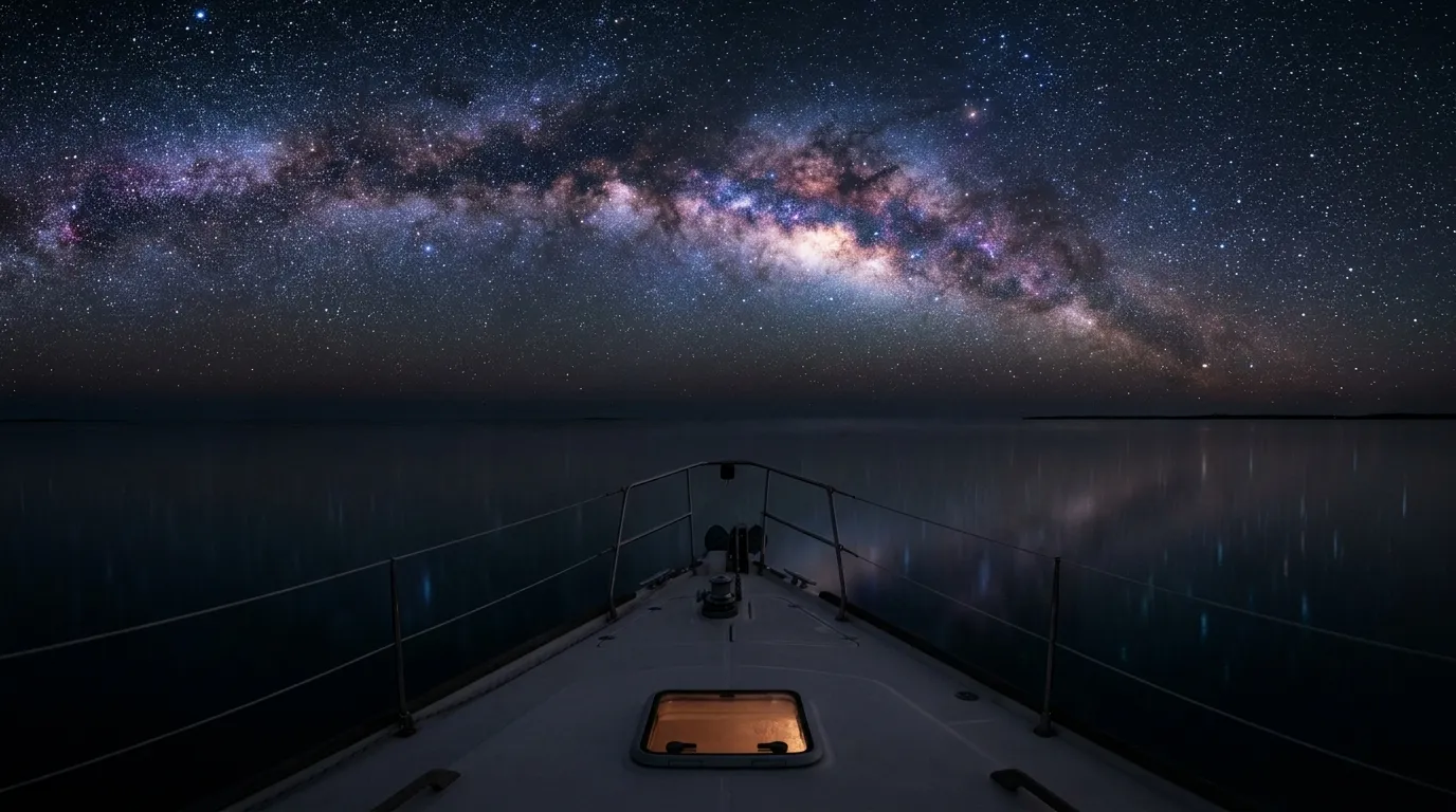 Milky Way over the bow of a Bahamas yacht at anchor - noctourism 2026 travel trends