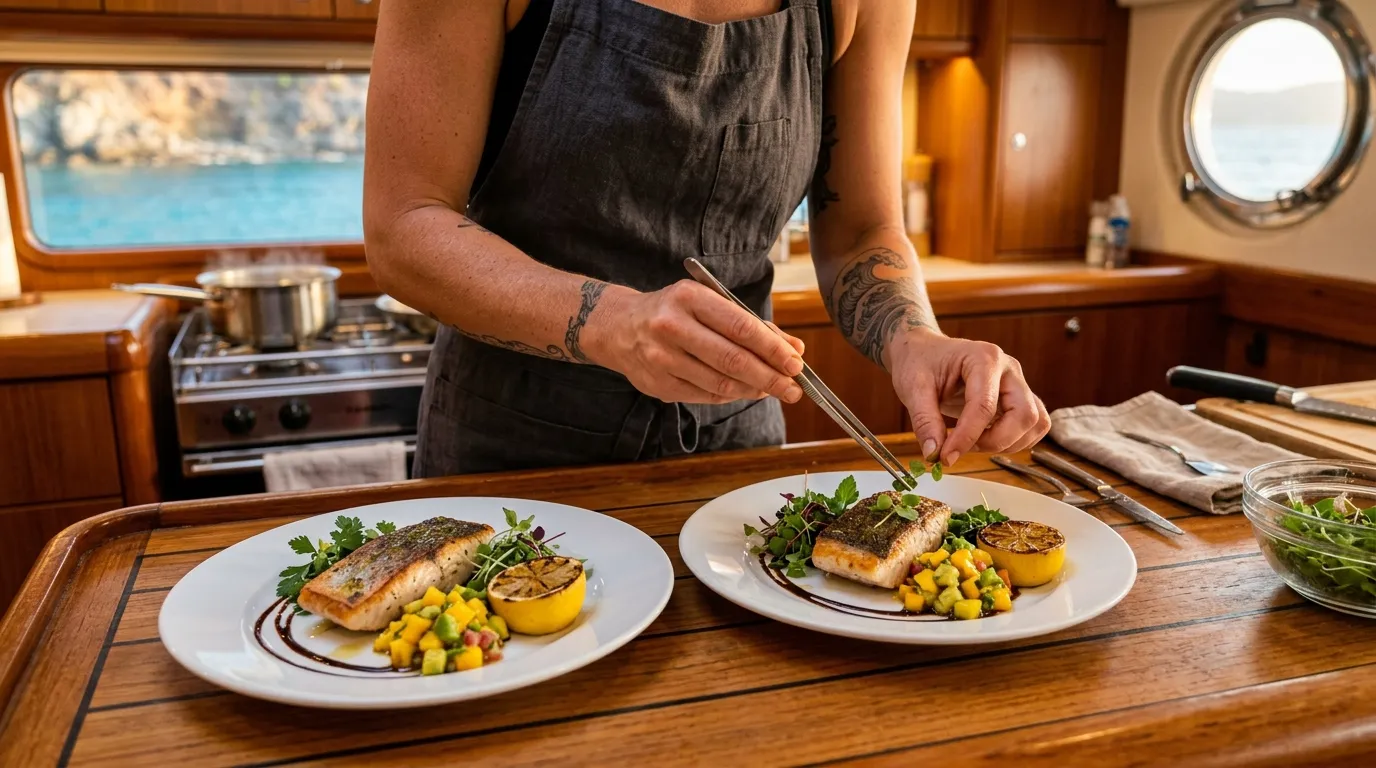 Yacht chef plating a wellness dinner aboard a crewed catamaran - hushpitality 2026 travel trends