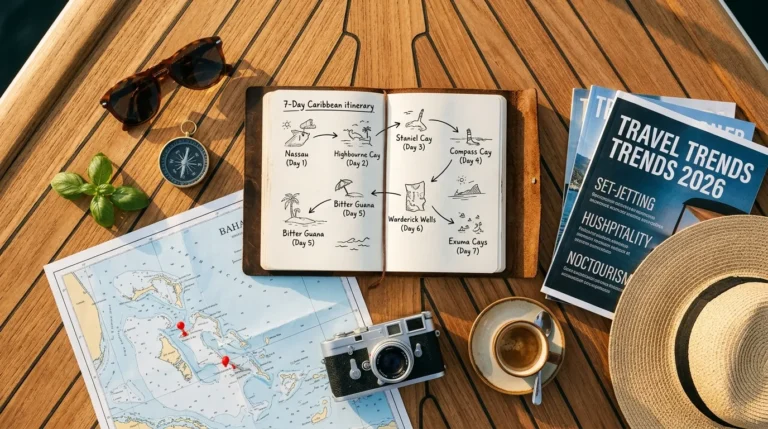 Editorial flat-lay of a 2026 travel planning desk on a yacht deck with travel-trends magazines, journal itinerary, nautical chart, compass, and camera