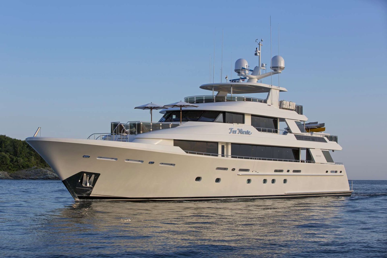 Large white luxury yacht on calm blue water with a clear sky, side view.