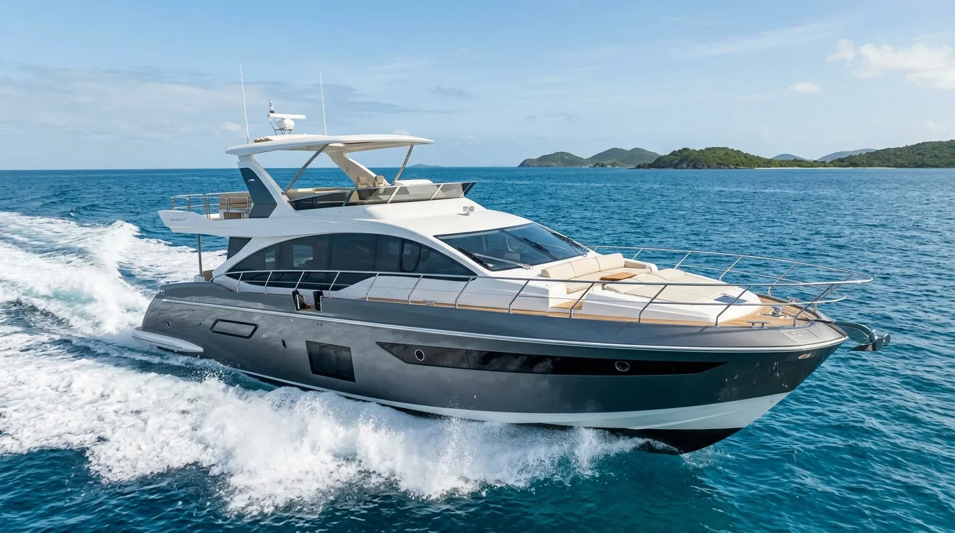 Azimut flybridge motor yacht cruising at speed in clear Caribbean waters