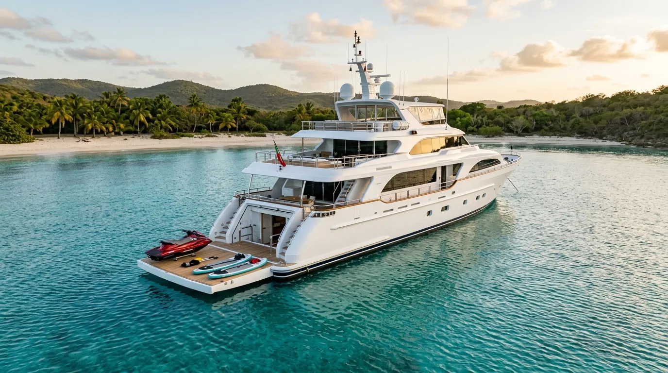 Italian-built Benetti superyacht at anchor with beach club and water toys deployed