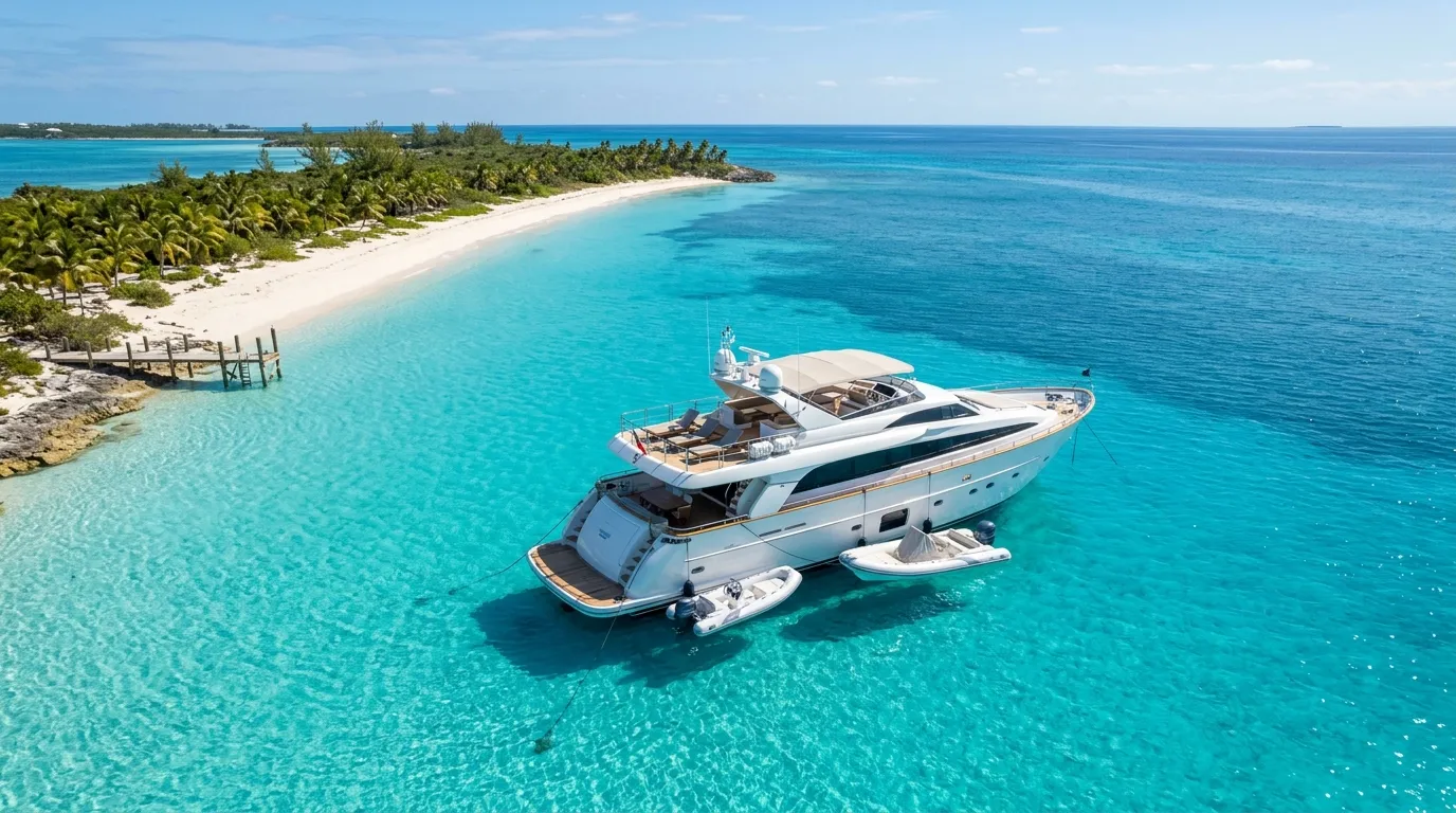 Aerial view of an Azimut Benetti motor yacht anchored over white sand in the Bahamas