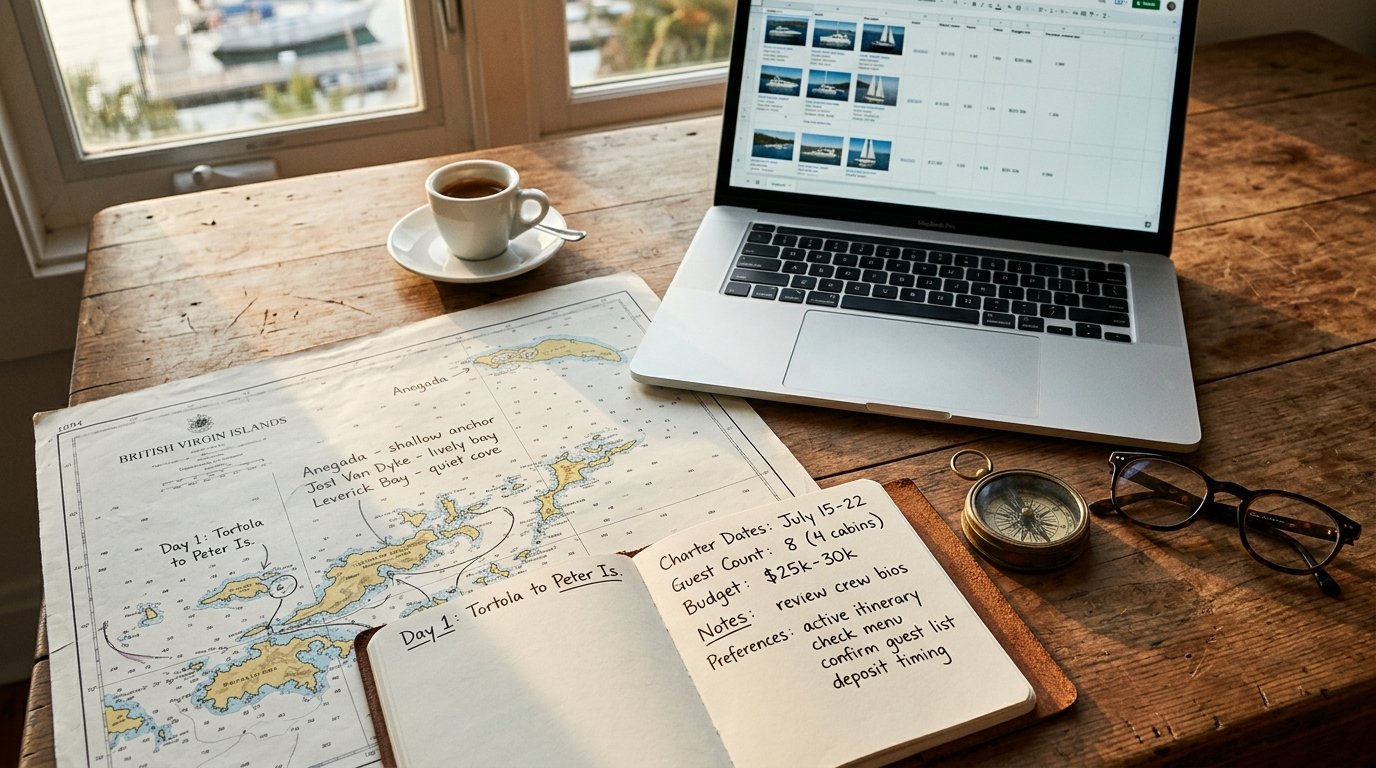 Charter broker's planning desk with BVI nautical chart, handwritten itinerary notes, brass compass, and laptop showing yacht listings