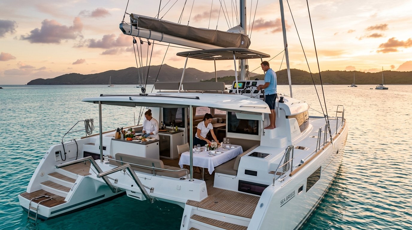 Caribbean crewed sailing catamaran with captain at the helm and chef and stewardess preparing the aft deck for sunset dinner — the crew makes the charter