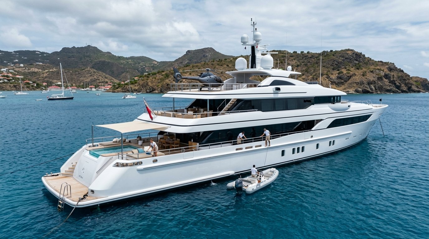 Tri-deck motor superyacht with helicopter pad anchored off St. Barts — the superyacht charter segment Edmiston and Northrop & Johnson specialize in