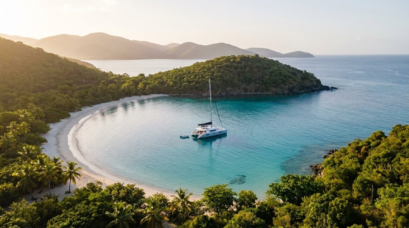 Luxury sailing catamaran anchored in a protected BVI bay at golden hour with lush green hillsides