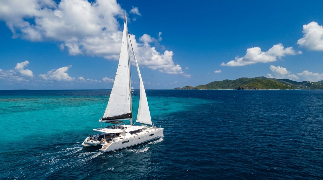 Luxury sailing catamaran underway in turquoise British Virgin Islands water with green BVI islands on the horizon