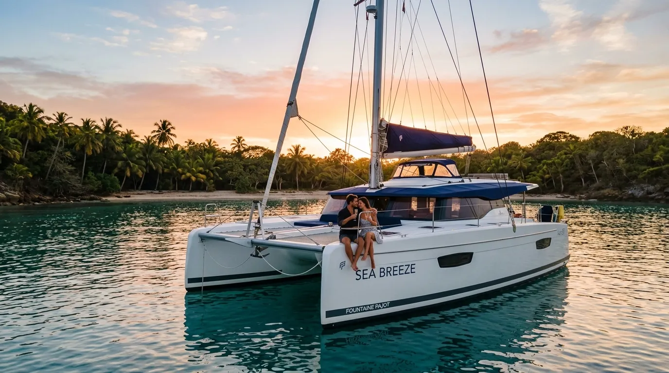 Couple toasting champagne at sunset on a crewed catamaran honeymoon yacht charter in the Caribbean
